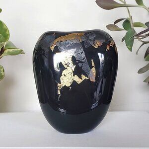 Black Glass Vase With Gold And Silver Leaf By Martha Henry, Signed, 1985